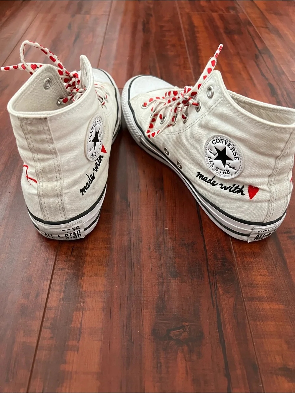 Converse White High-Top Sneakers with Red Heart Laces